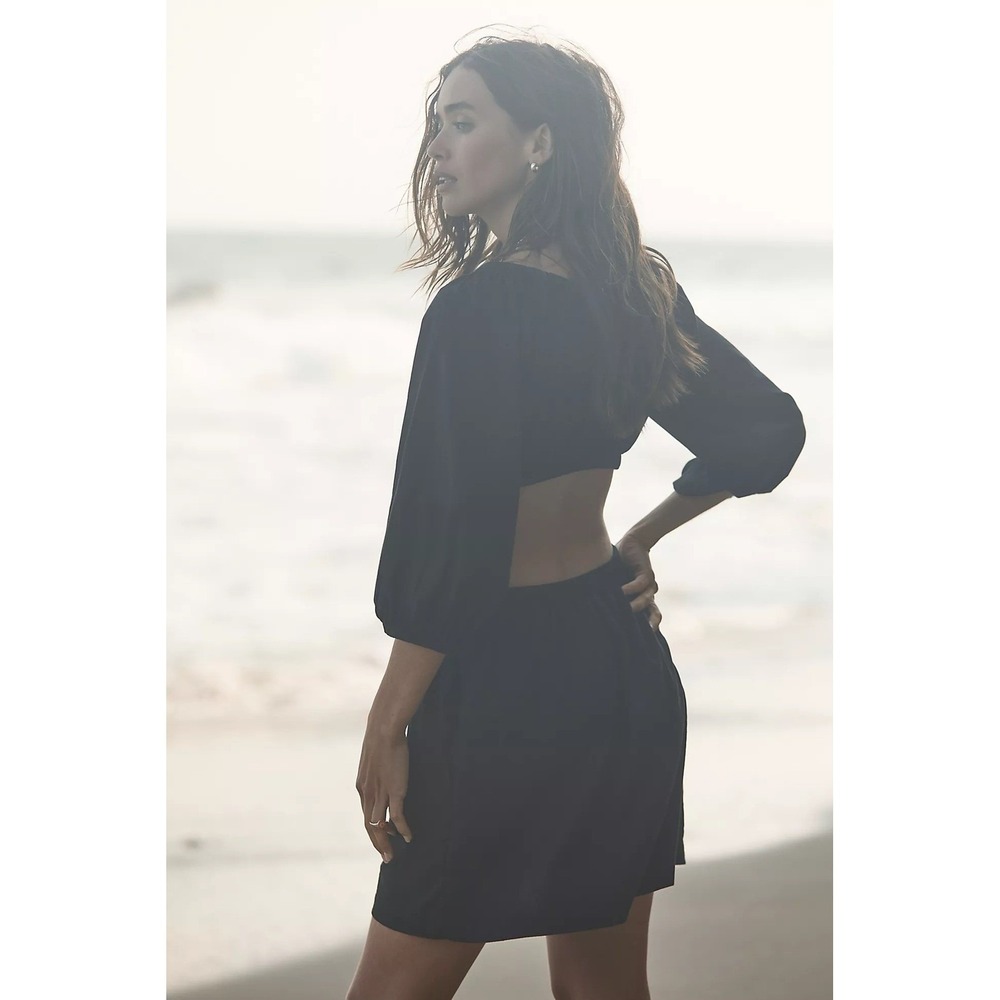 Free People Women Black Dobby Puff Sleeve Cut-Out Open‎ Back Mini Dress Size S